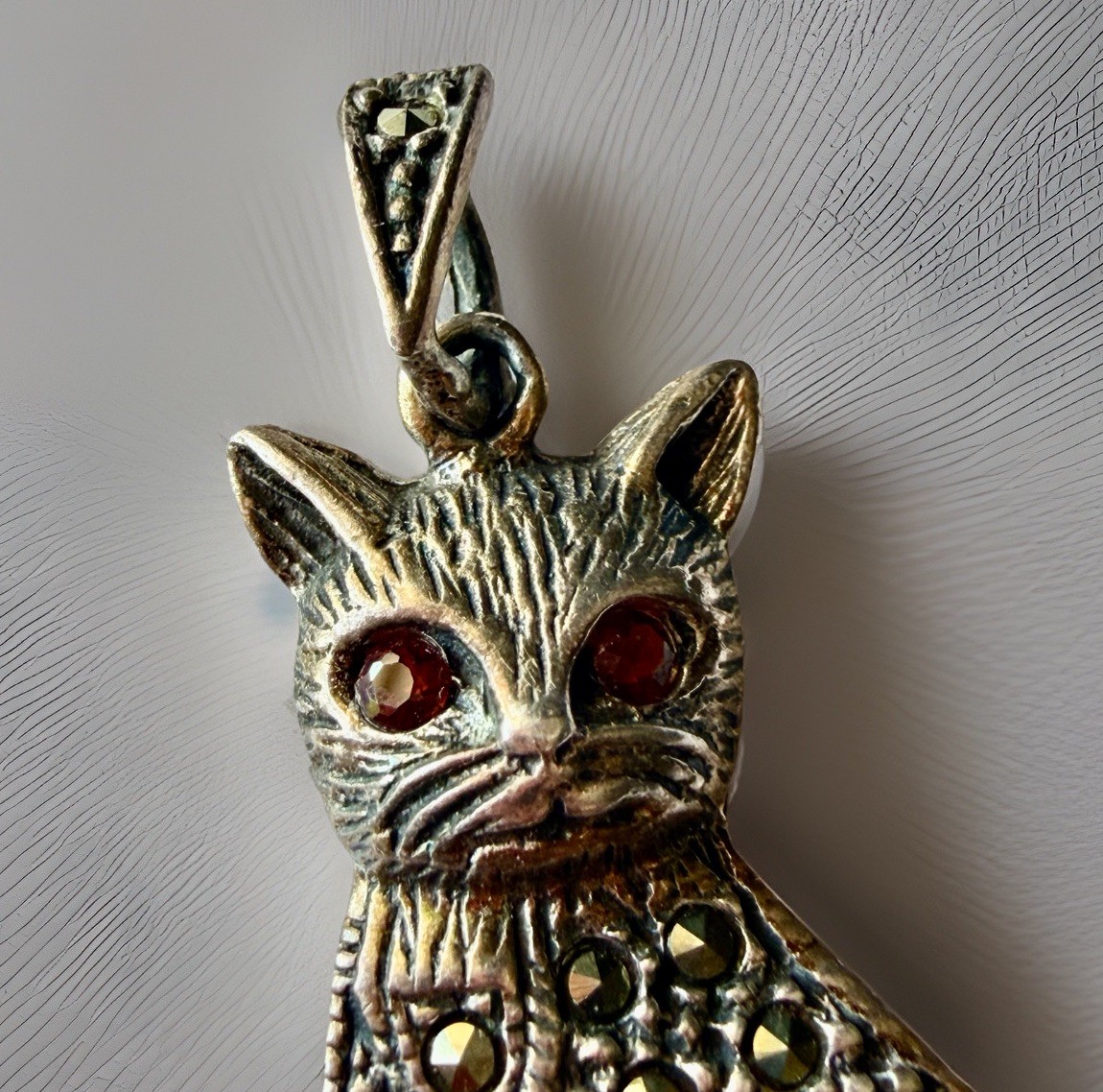 Vintage Sterling Silver 925 Cat Marcasite Pendant With Red Garnet Eyes 1.5”, 6g