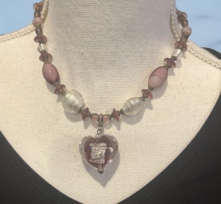 Vintage Hilary London Purple Puff Heart Glass Pendant & Beads Necklace