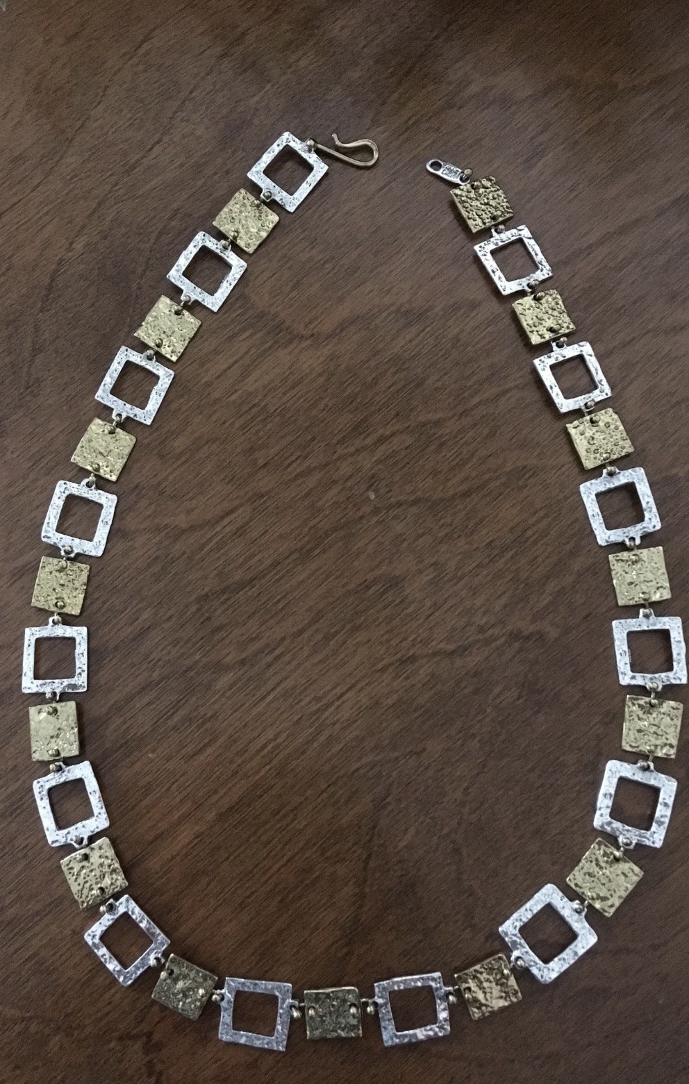 Vtg Anne Dick Brutalist Necklace Sterling Silver Brass Squares 23″ Modernist