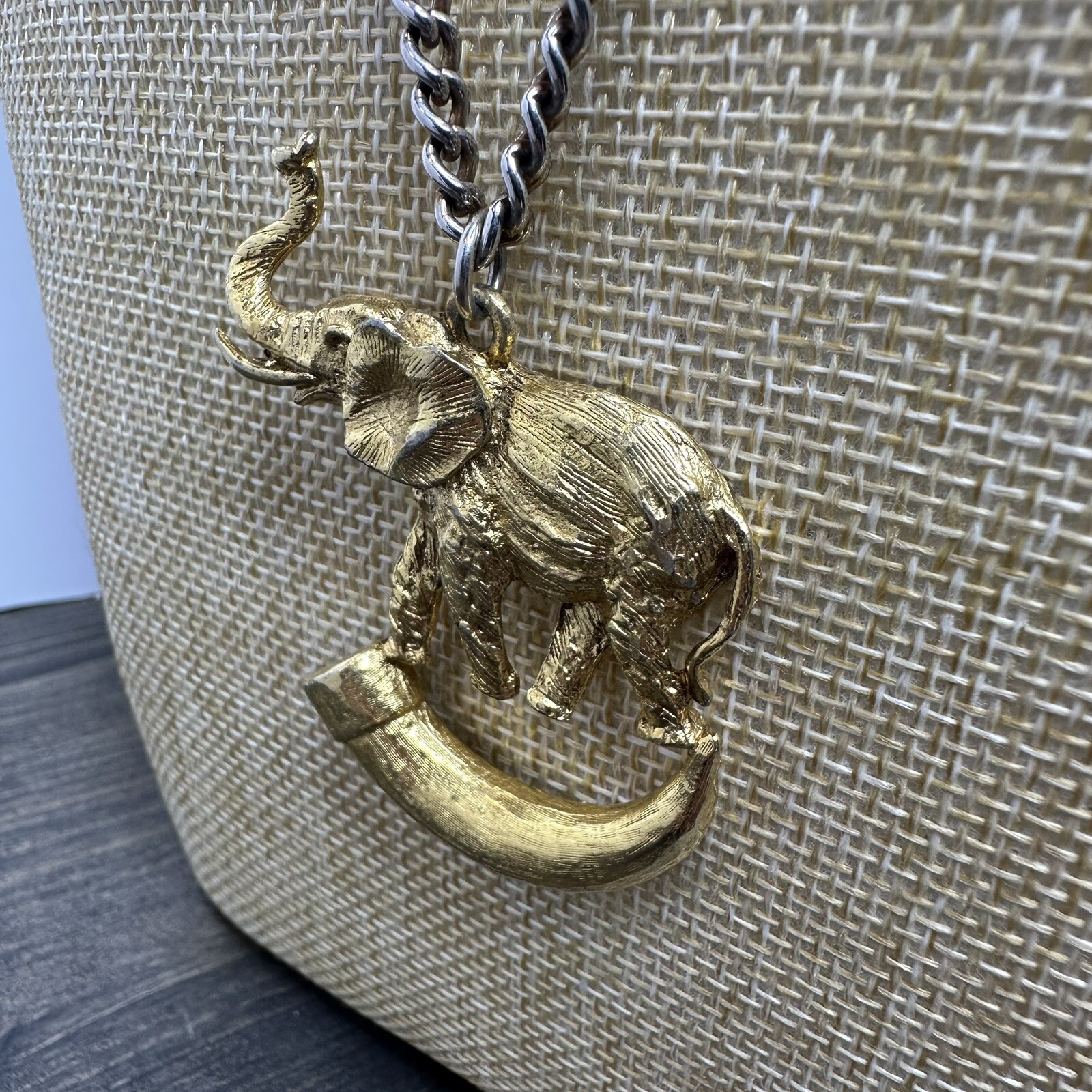 Vintage Elephant on Tusk Necklace Gold Tone Large Pendant Safari Estate Find
