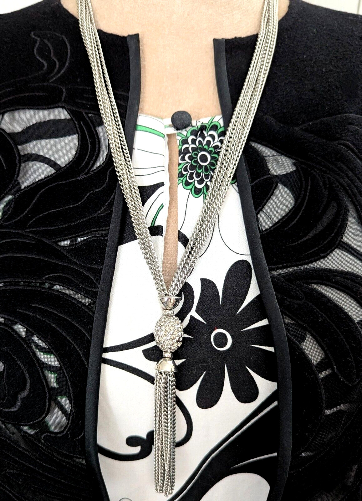 Talbots Long Tassel Fringe Pendant Necklace Layered Signed Flapper Boho Jewelry