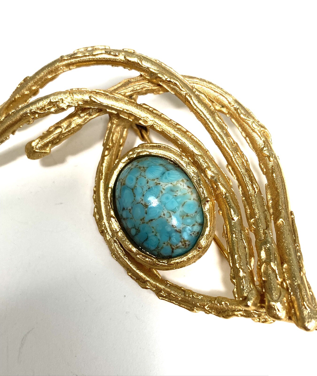 Orena Paris Brooch Glass Blue Abstract Gold Tone Vintage Estate