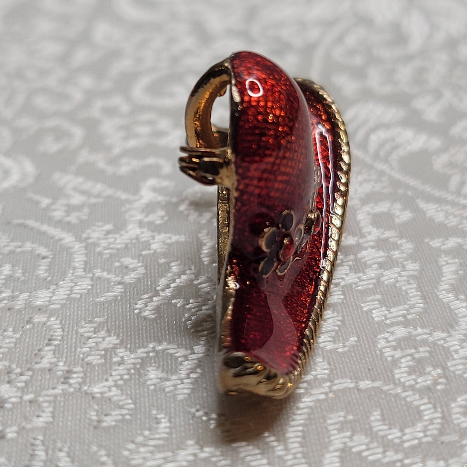 Vintage Gold Ruby Red Hat Society Brooch Enamel Floral Pendant Gift