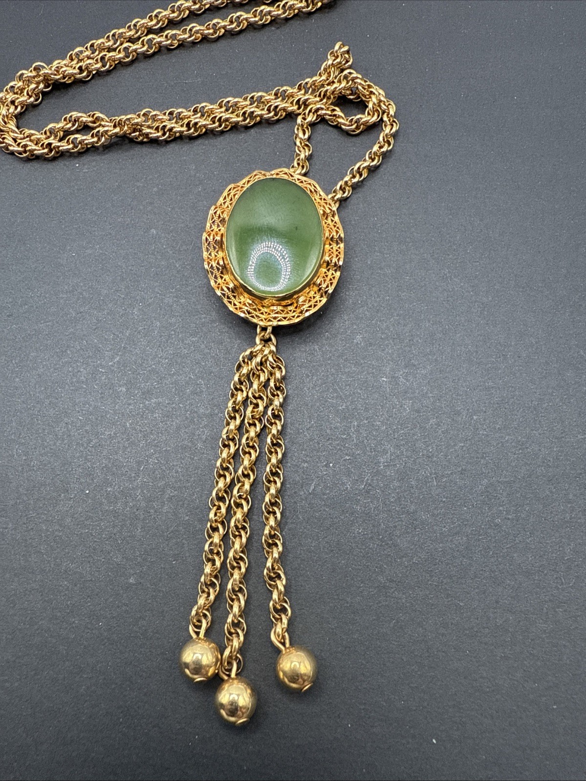 Vintage 1/20 12k Gold Filled Filigree Jade Slide Tassel Pendant Necklace 25g J13