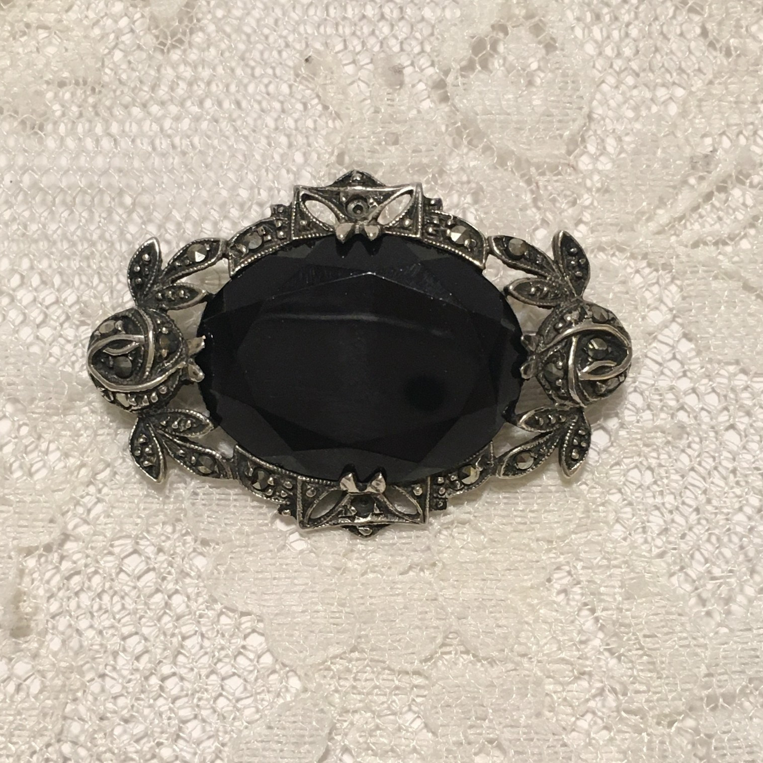 Vintage Sterling Silver Black Onyx Brooch Victorian Revival Romantic Germany