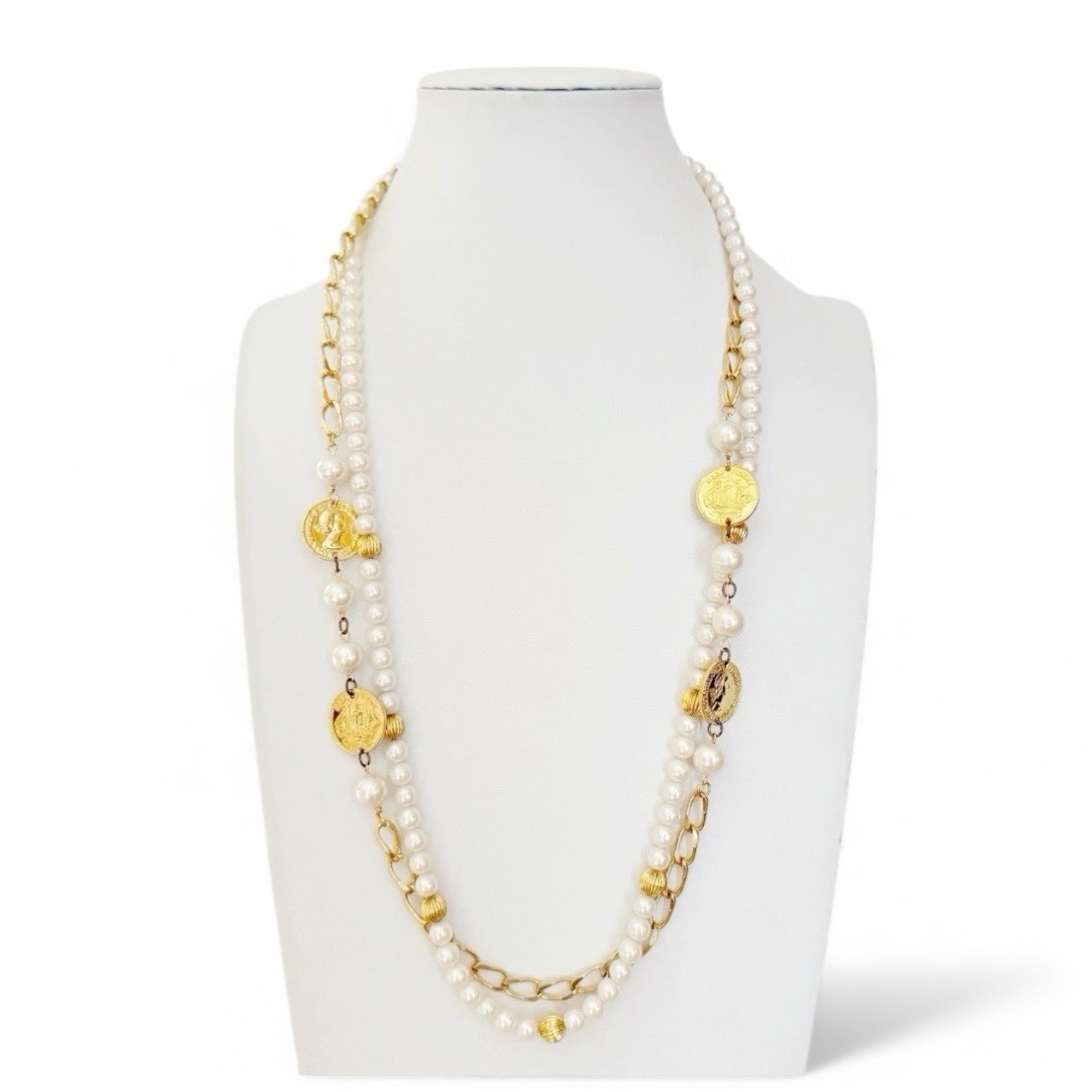 Vintage Marvella Double Strand Faux Pearl Coin Chain Link Goldtone Necklace 30”
