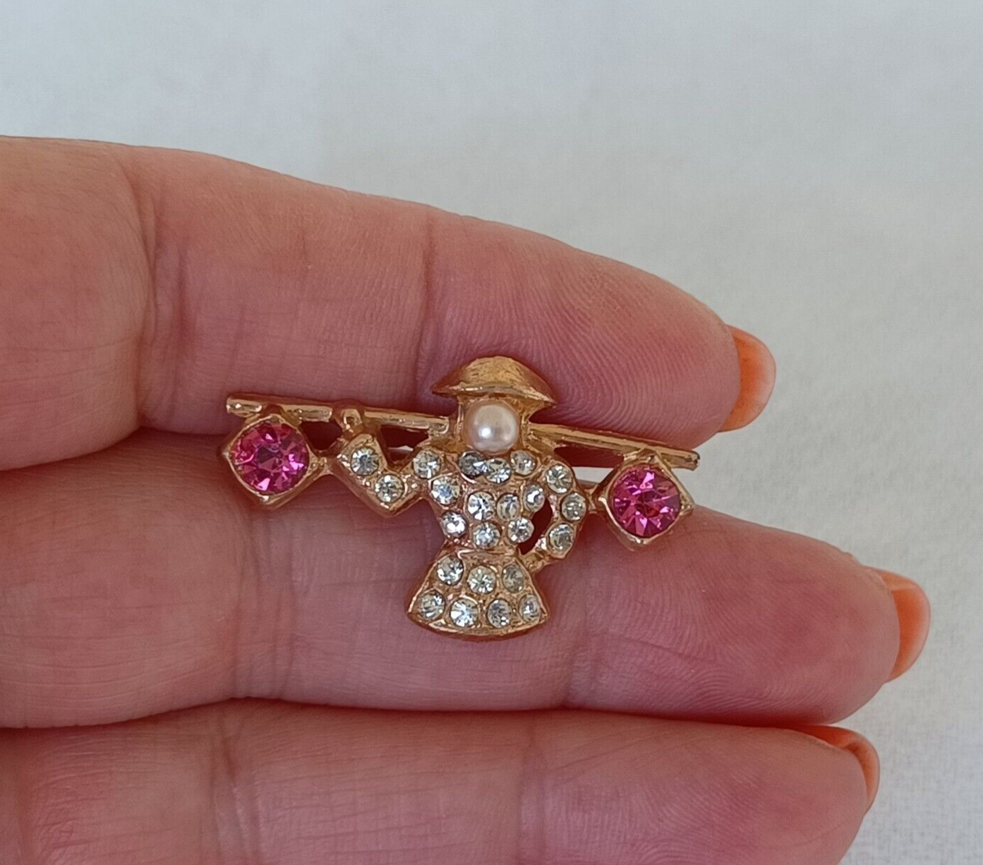 Vintage Small Brooch Asian Woman With Shoulder Pole Rhinestones Faux Pearl