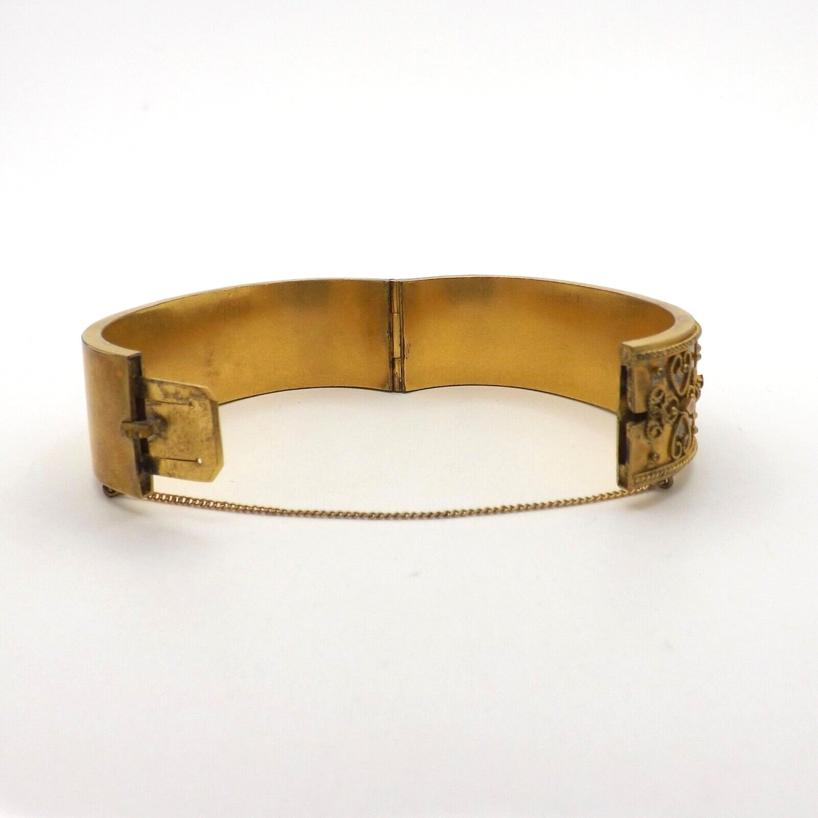 Victorian Hearts Wide Bangle Bracelet Heavy Gold Gilt Etruscan Revival