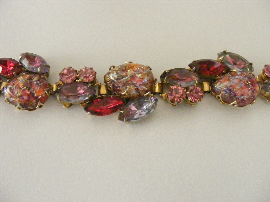 Vintage Bracelet Ornate Confetti & Rhinestones Pink, Red, Lt Purple Prong Set