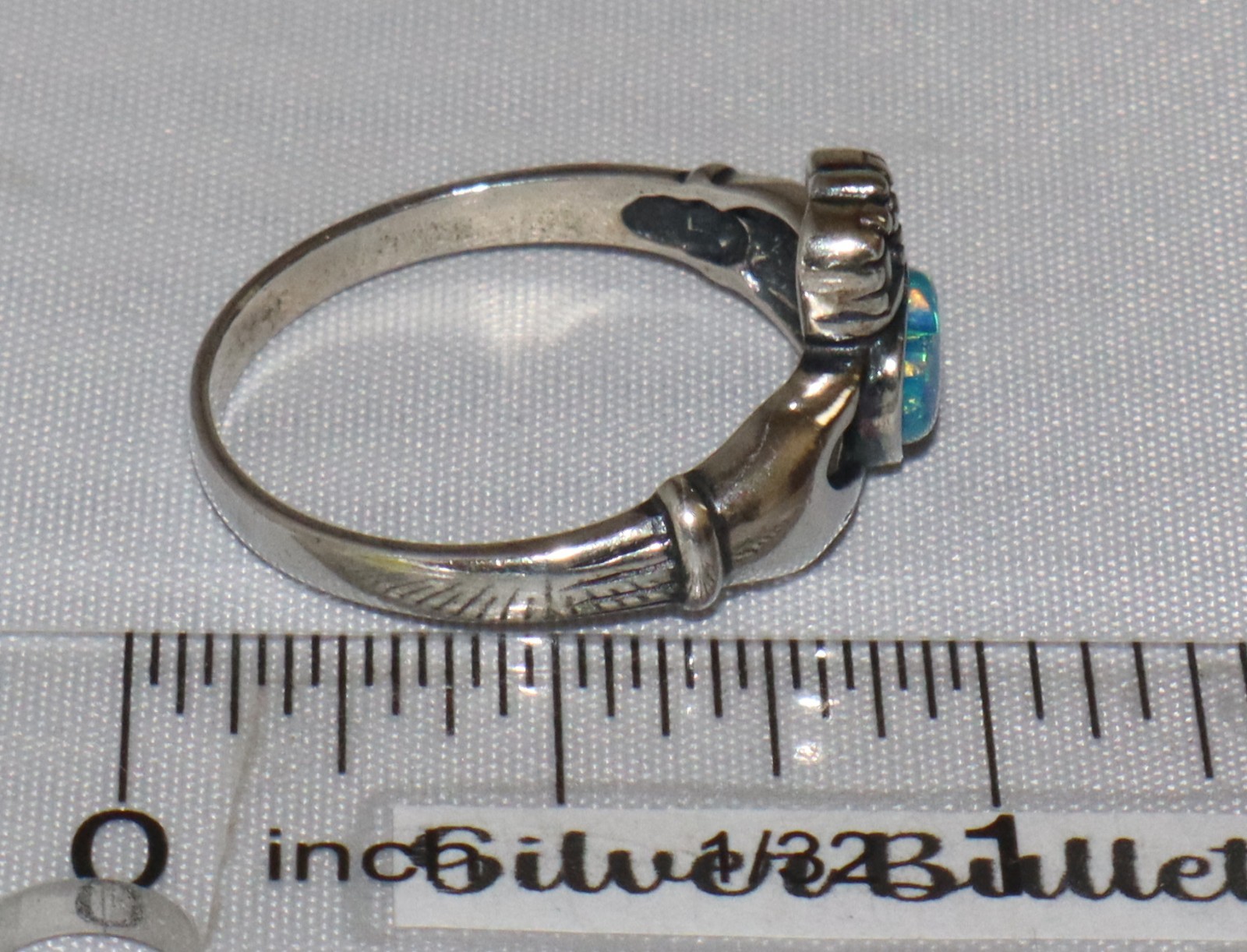 Vintage Sterling Silver Wheeler Lab Created or Faux Opal Claddagh Ring Size 9