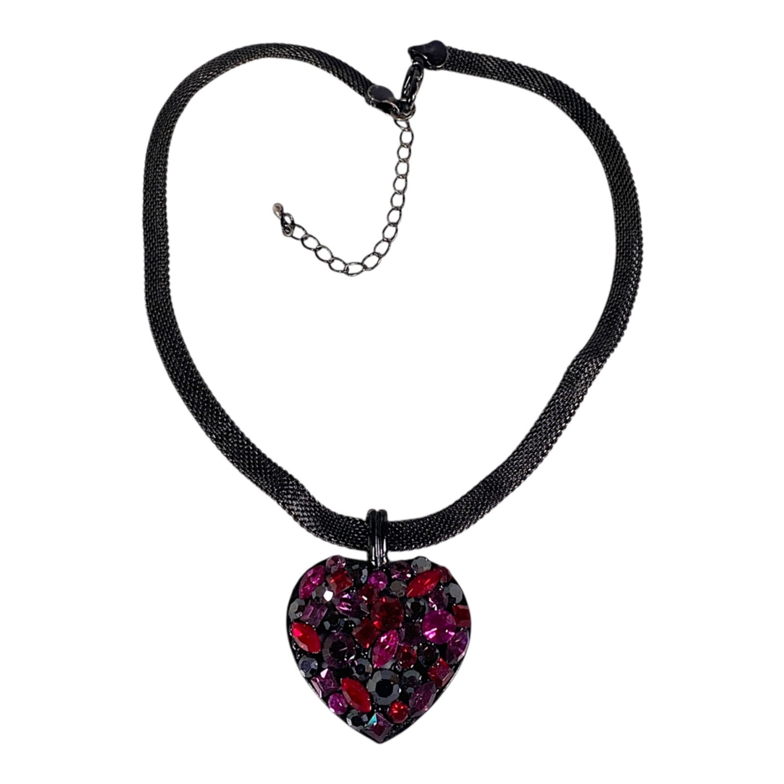 Goth Choker Necklace 15” Black Mesh Chain Heart Pendant Charm Witch Punk Y2K VTG