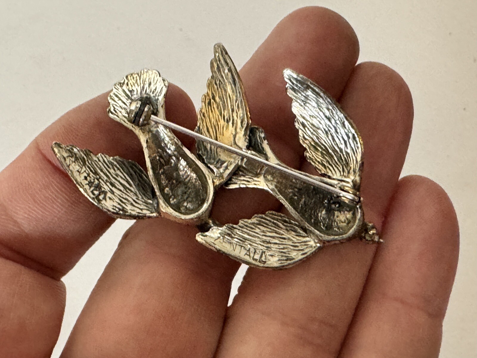 Vintage Signed Zentall 2 Flying Birds Silver-Tone Brooch Pin, 2.25″