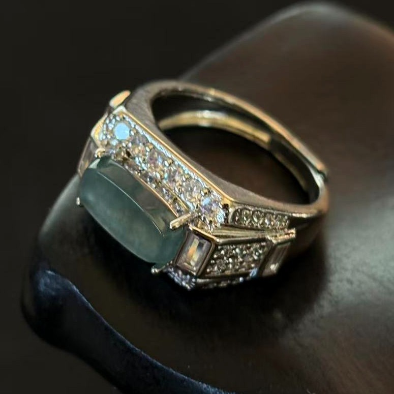 VTG Natural Translucent Green Jade Jadeite Ring Silver-tone, Size 7.5 adjustable