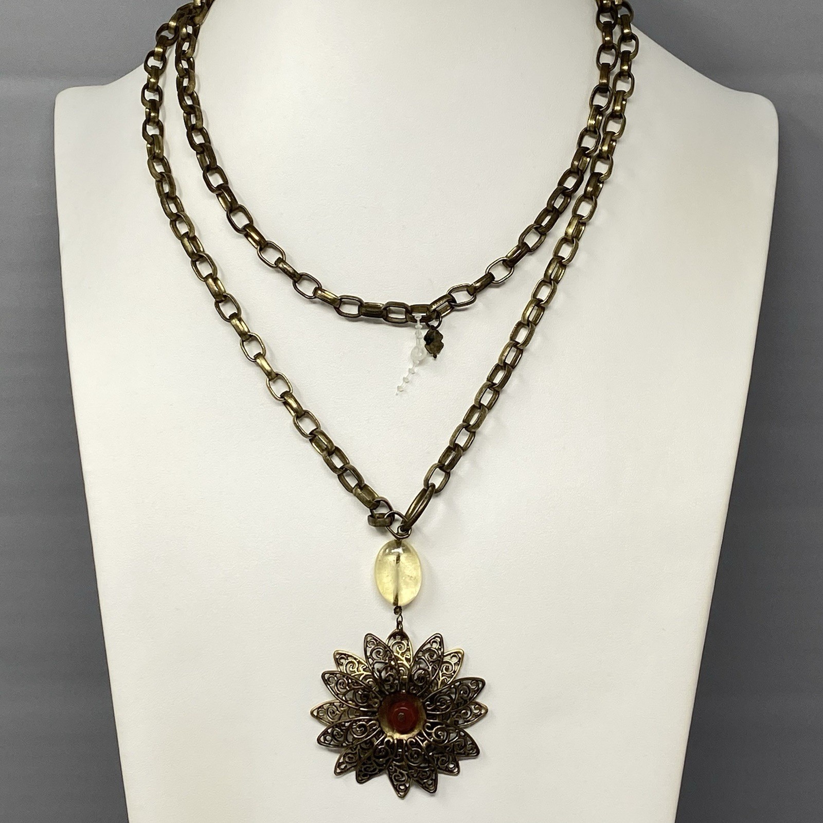 Lucky Brand Pendant Necklace Brass Gold Tone Layered Flower Chunky Long 36″