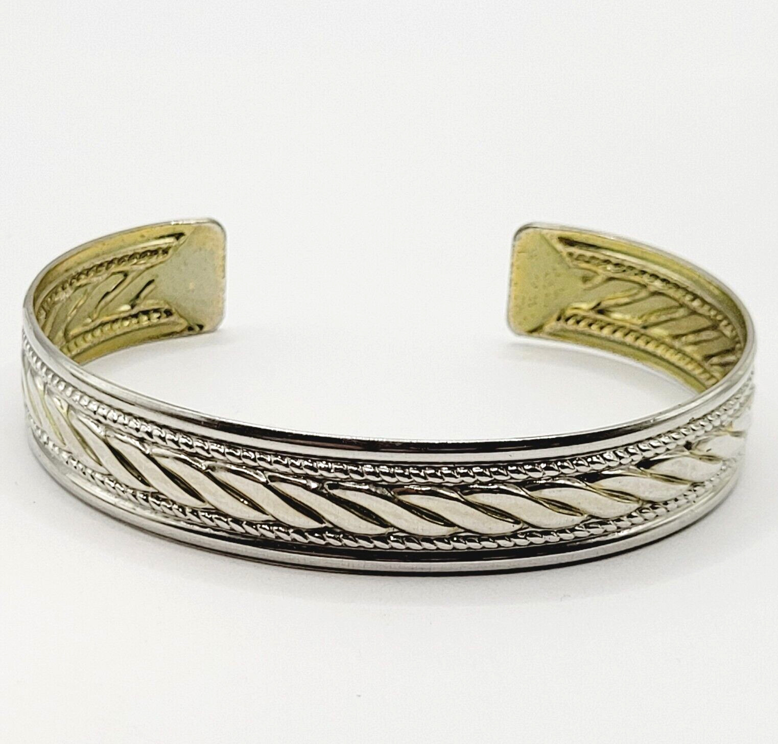 Two Vintage Metal Cuff Bracelets 1 Brass & 1 Silver Tone Patterned Tarnished