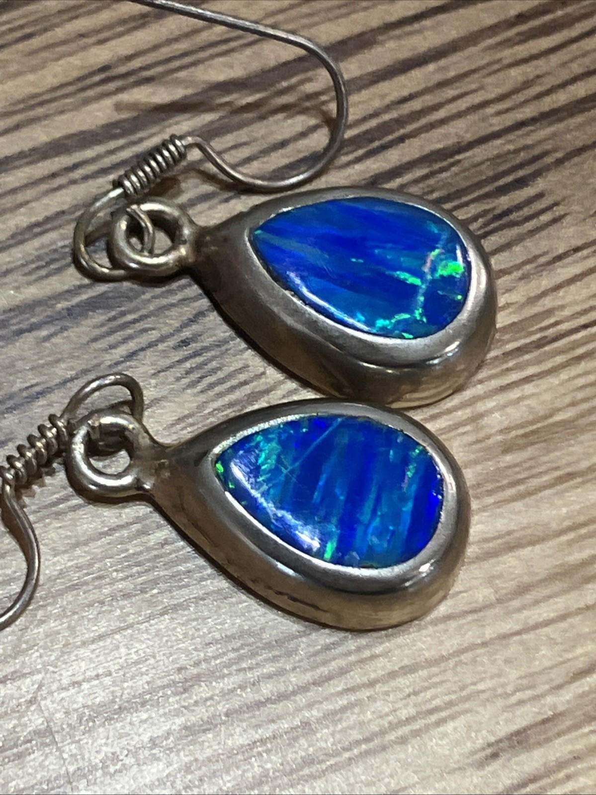 Vintage Mexico Silver Blue Opal Druzy Teardrop Oval Hook Drop Earrings Estate