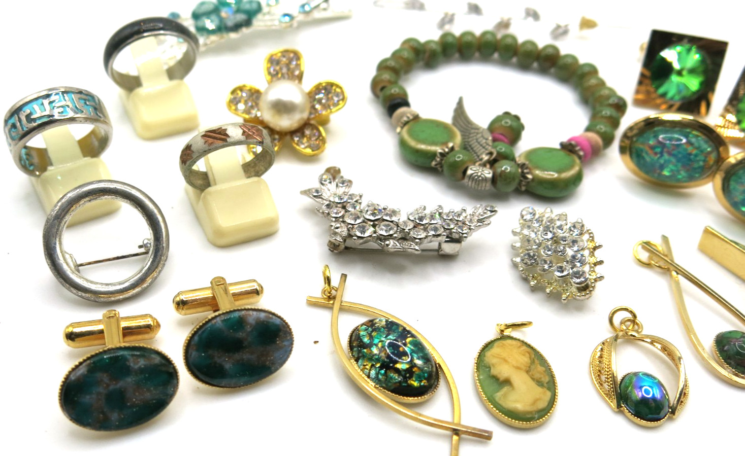 VTG Jewelry Set Lot 20pcs Pendants Brooch bracelet Cufflinks Ring Green stones