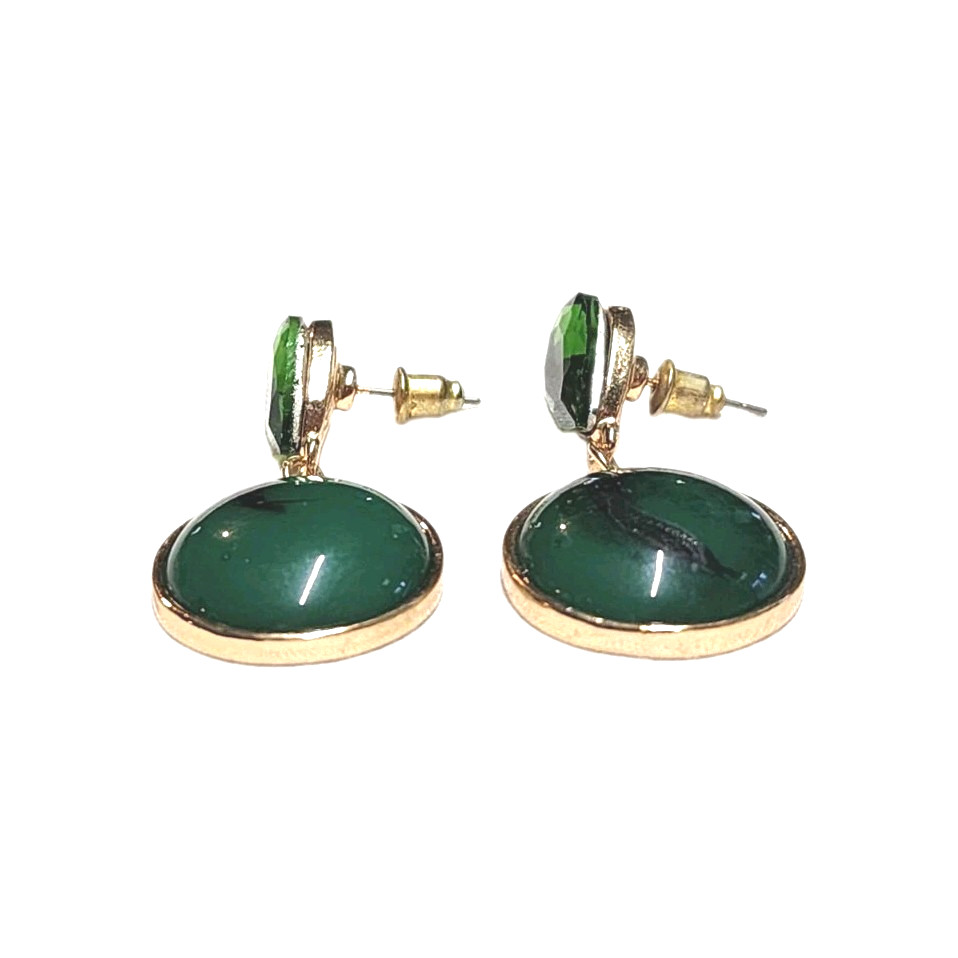 Vintage Green Faux Stone Rhinestone Gold Tone Dangle Earrings Teardrop Round GUC