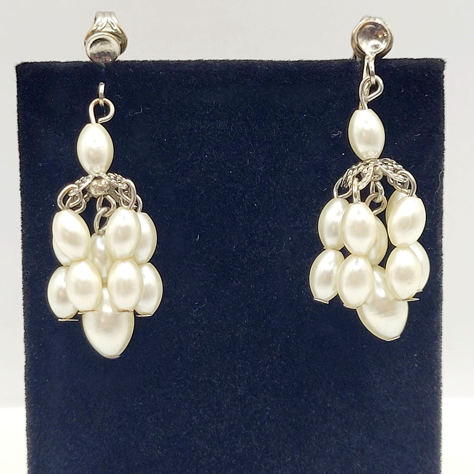 Faux Pearl Drop Dangle Cluster Silver Tone Clip On Fancy Vtg Costume Earrings