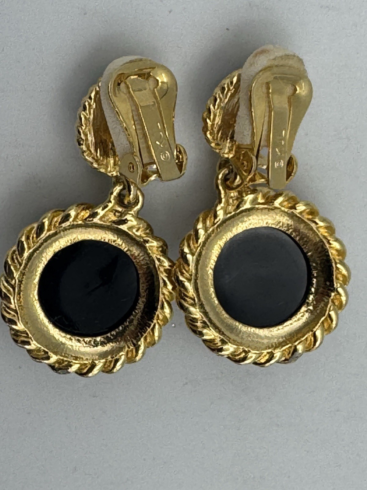 KJL Couture Gold Tone Clip On Earrings With Black Cabochons Dangle Signed Oncard