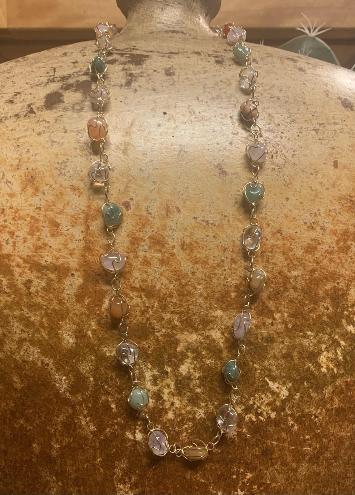 Gold & Natural Gemstone Cage Necklace 24 Inches Vintage