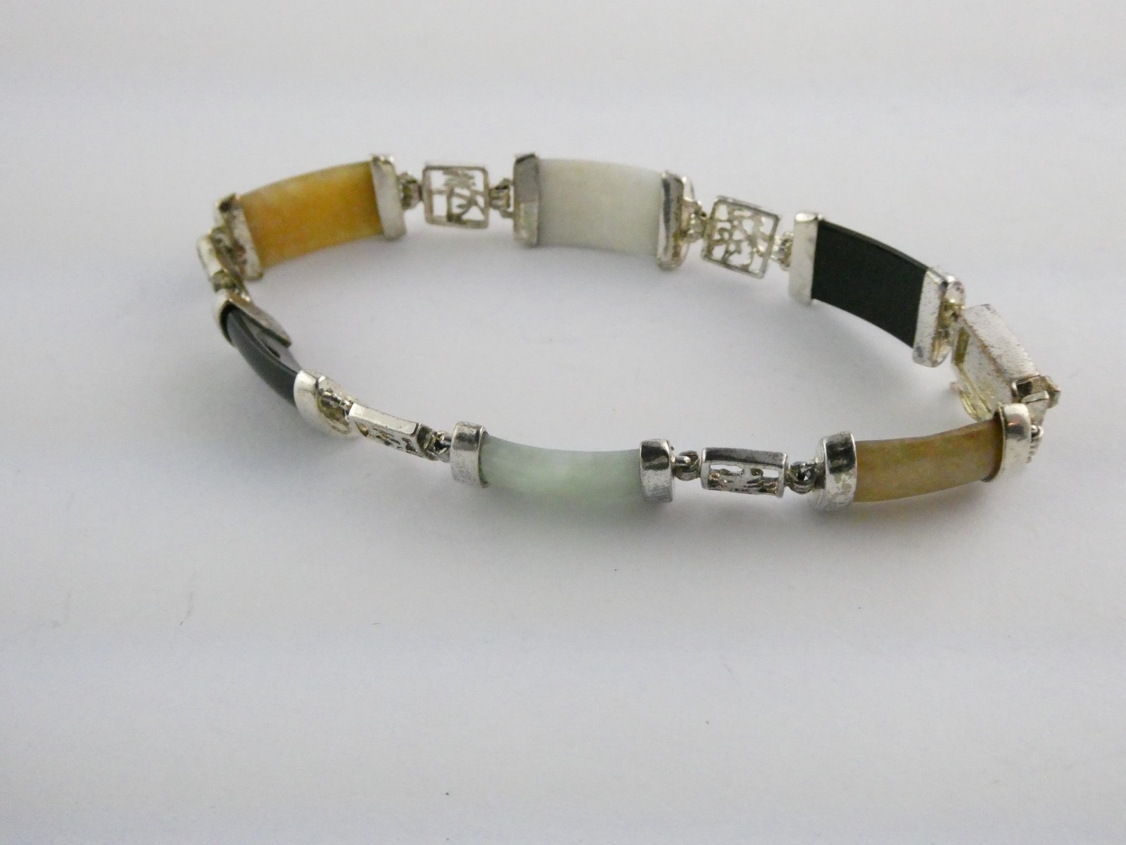 DBJ Dee Berkley Sterling Silver Chinese Character Jadeite Link Bracelet 7.5 Inch