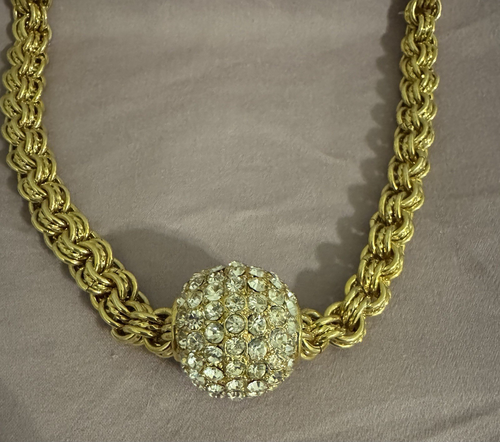 Kenneth Jay Lane KJL Signed 20” Knot Necklace with Crystal Ball Slider