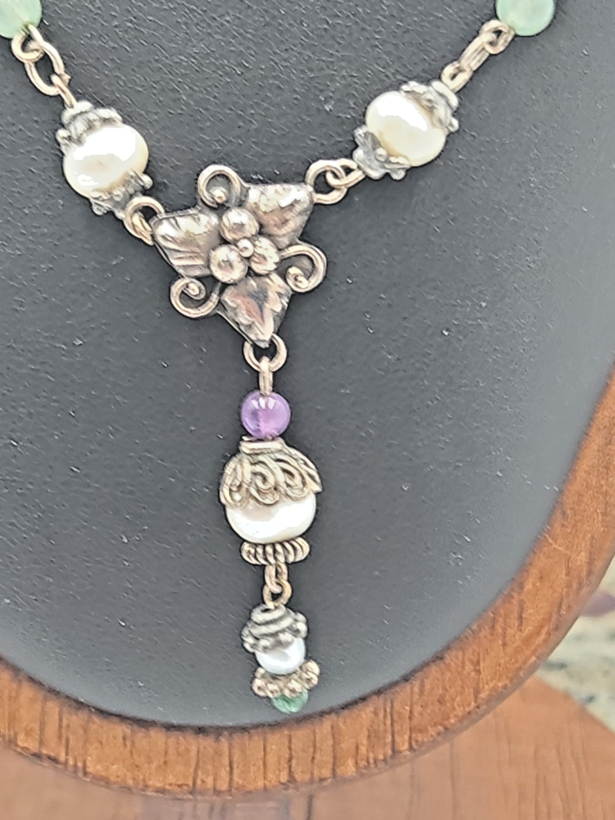 Vintage Artisan Sterling Pearl & Gemstone Drop Necklace Boho Floral .925