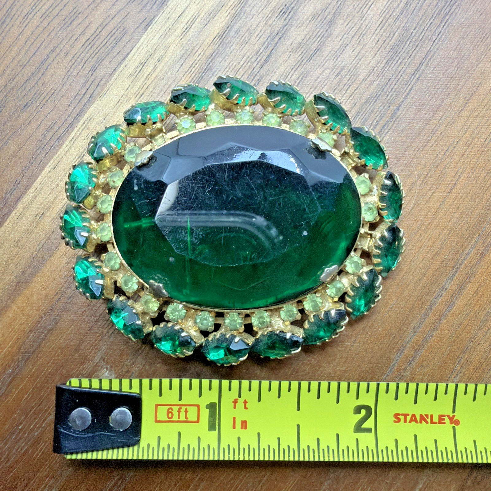 Vintage Gold Toned Austria Emerald Crystal Brooch Pendant