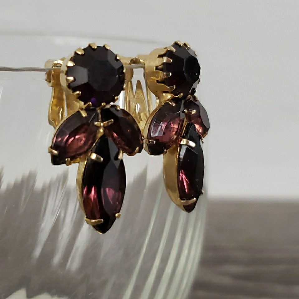 Vintage Purple Cluster Navette Prong Earrings Clip On Gold Tone