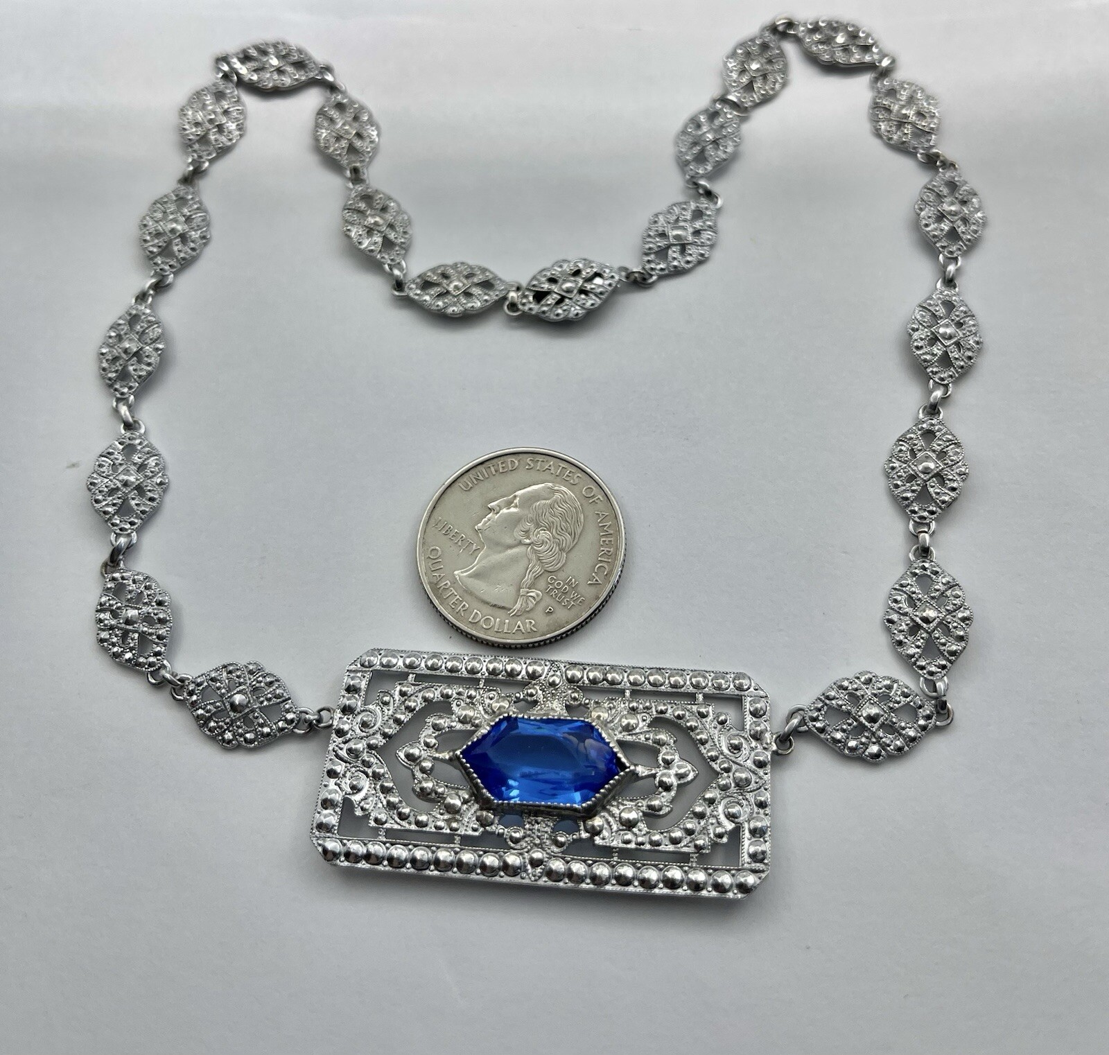 Antique Art Deco Blue Lozenge Shape Plaque Rhodium Plated Sterling Necklace