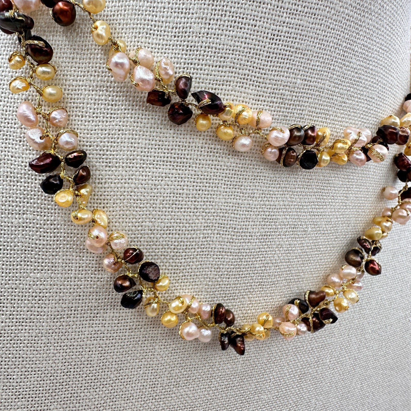 Vintage 90s Multi strand Wire Wrap Pearl Necklace Gold Tone Women’s Jewelry Boho