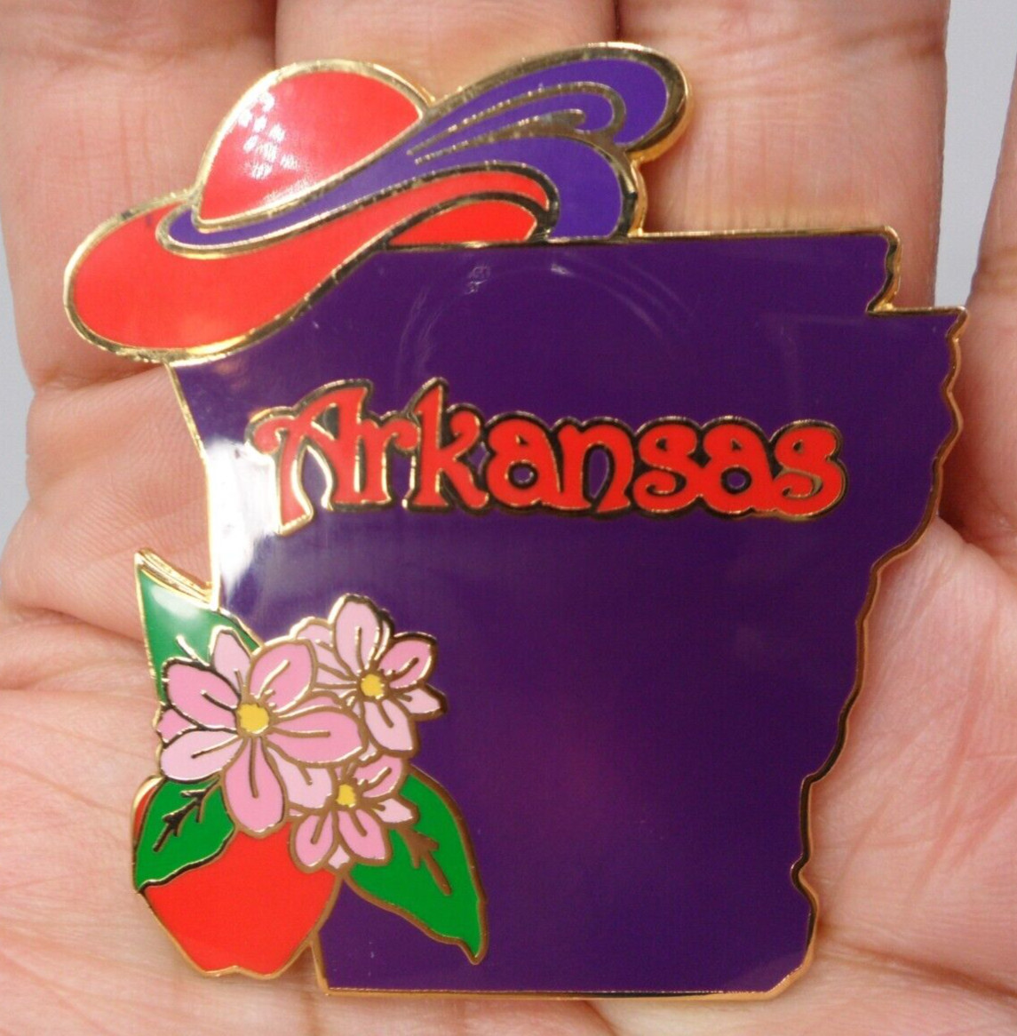 2005 Red Hat Society Brooch Arkansas State Clutch Pin Enamel Vintage 2″