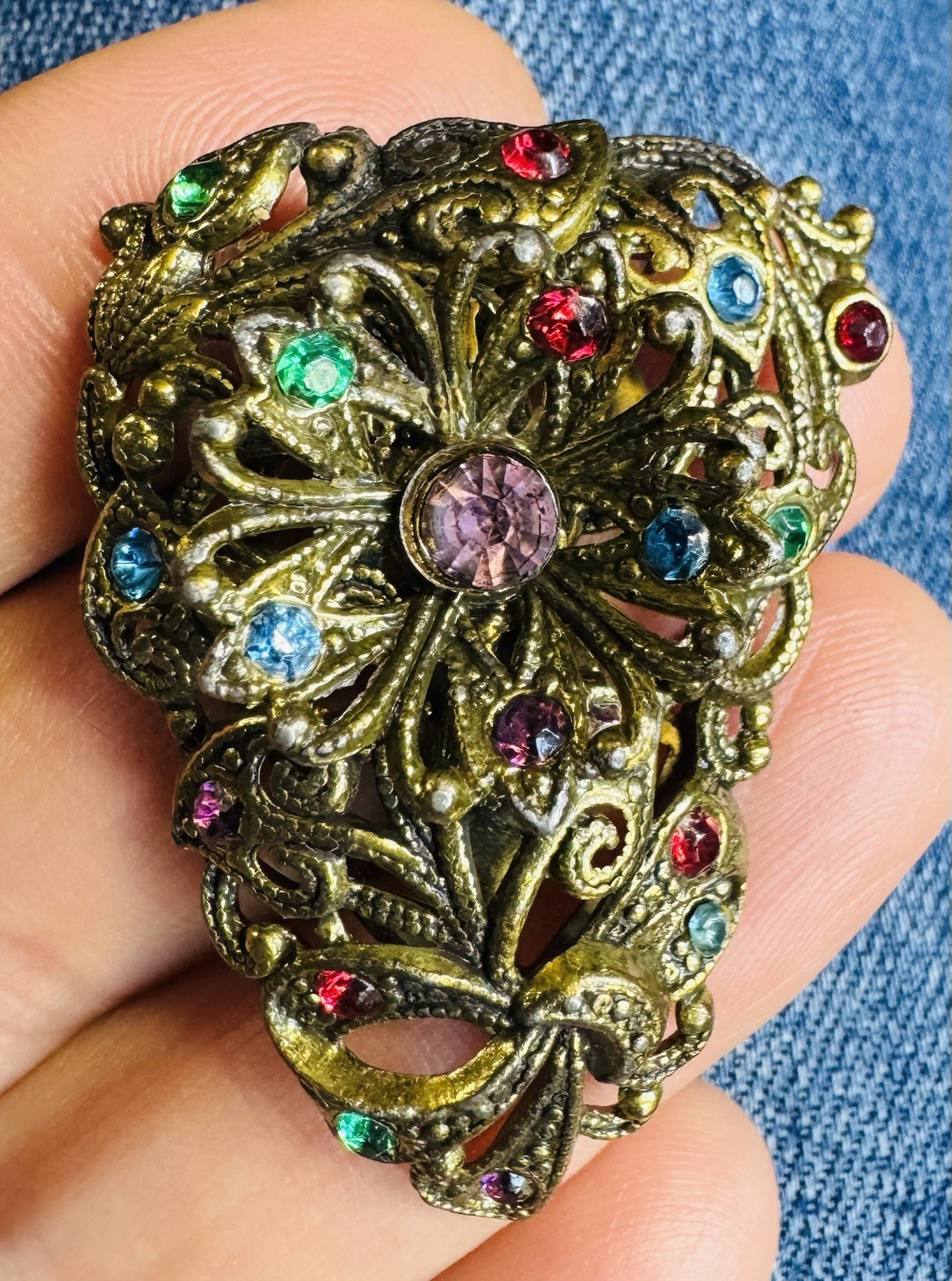Vintage NE New England Glass Works Rhinestone Dress Clip Signed