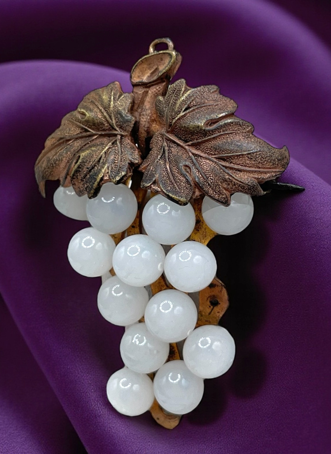 Antique White stone Moonglow Grape bunch Brooch Pendant Copper leaves C-clasp