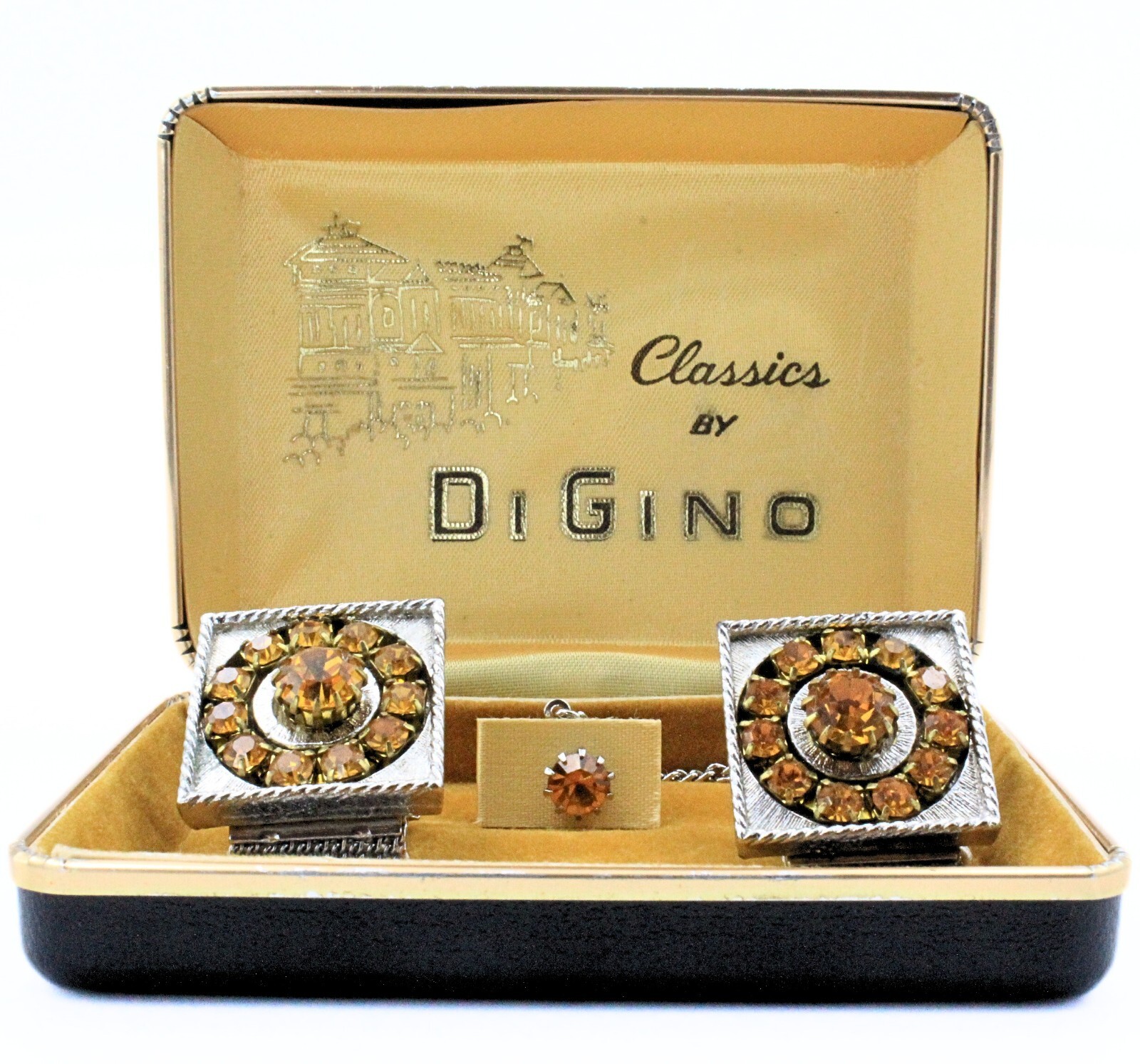 Di Gino Designer Retro Yellow Rhinestones Cufflinks Tie Tac Set