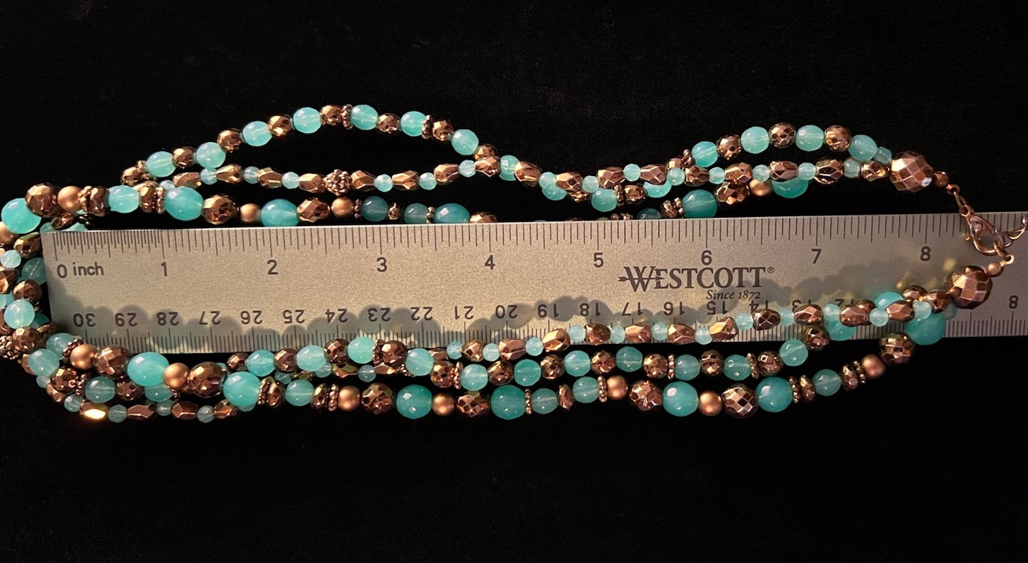 Vintage3 Strand Light Teal Blue Beads Copper Necklace 17” Length
