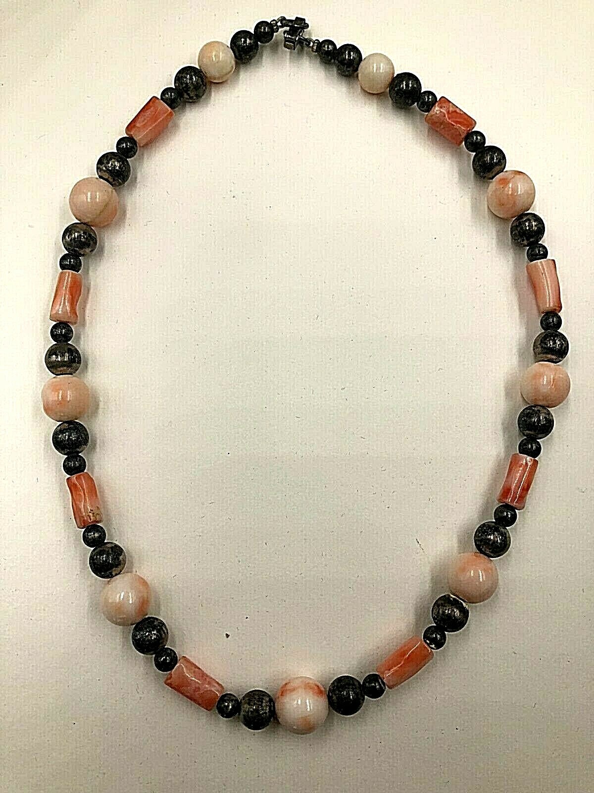 VINTAGE ANTIQUE GENUINE NATURAL SALMON CORAL STERLING SILVER SIGNED NECKLACE