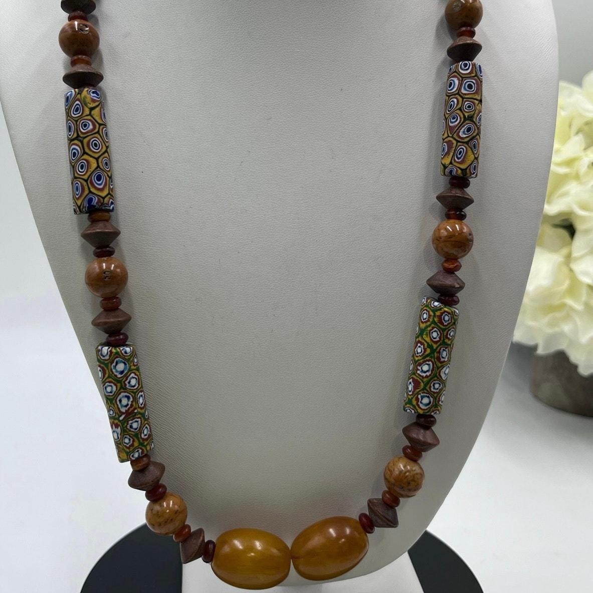 Antique Sterling Millefiori African Trade Bead Amber Resin Bakelite Necklace