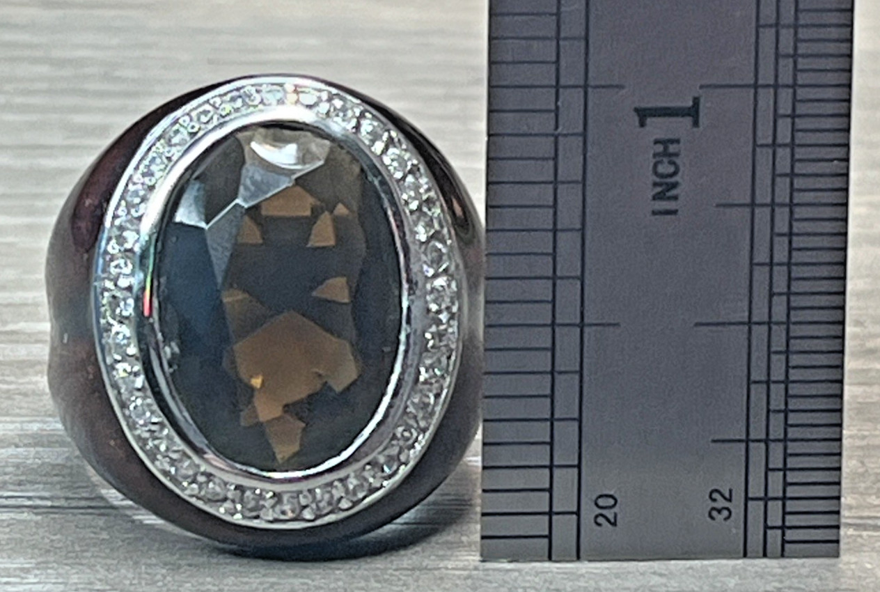 Men’s Vintage Pinky Ring Huge Brown Stone Enamel Rhinestone Halo Silvertone DBJ