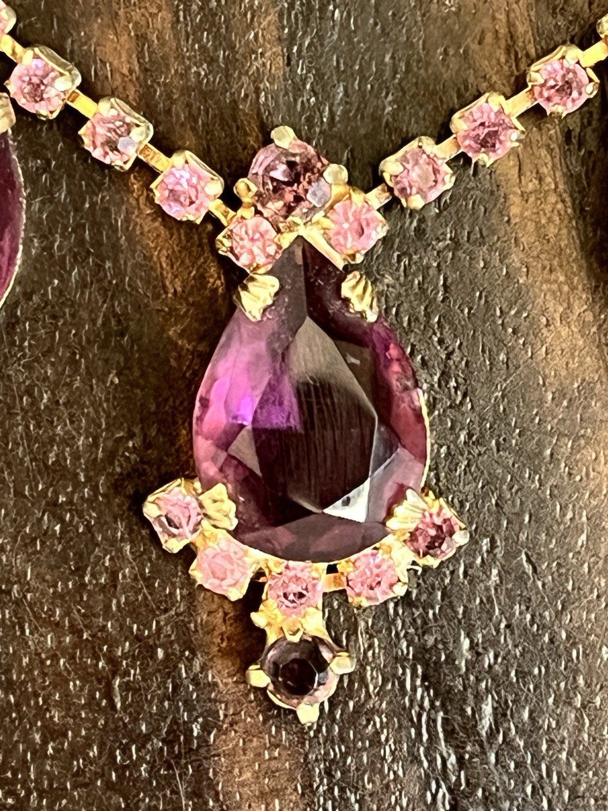 Vintage Purple Rhinestone Necklace and Earring Set Choker and Clip Ons