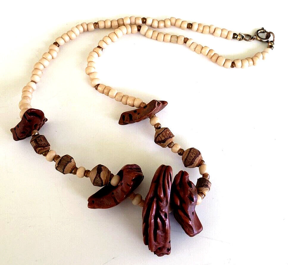 Vintag Nut Seed Cork Beige Glass Bead Choker Necklace 15″ Spring Ring