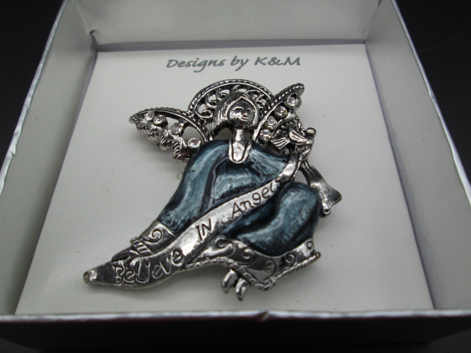 Vintage Angel Brooch Pin Silver Tone Rhinestone Blue Enamel Believe Estate NIB