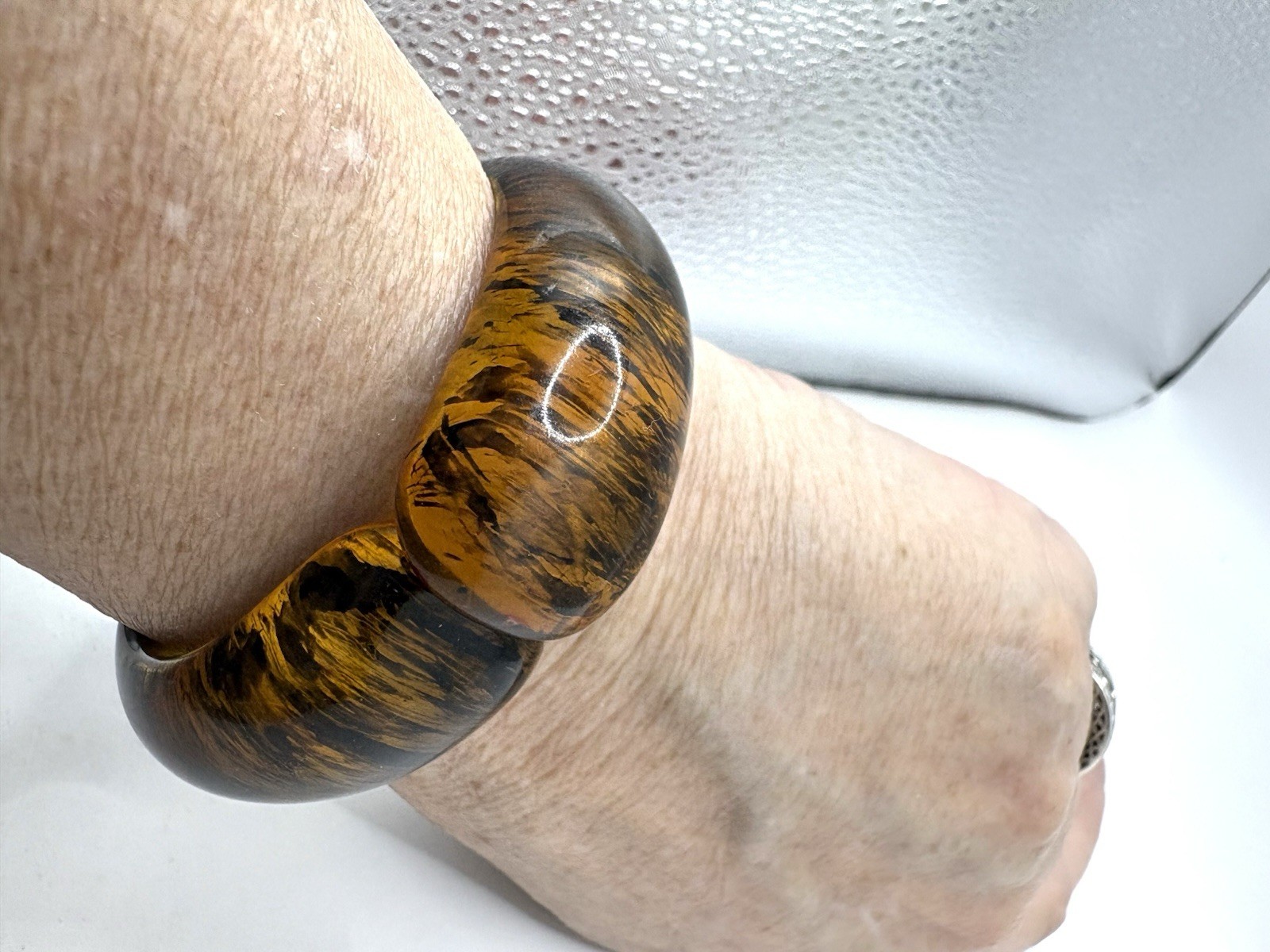 Rutilated Amber Resin Hinged Bypass Cuff Bracelet 6-6.5”