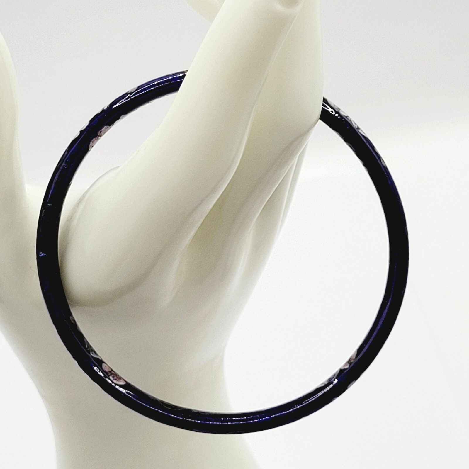 Cloisonné Asian Inspired Dark Cobalt Blue Floral Hand Painted Bangle Bracelet