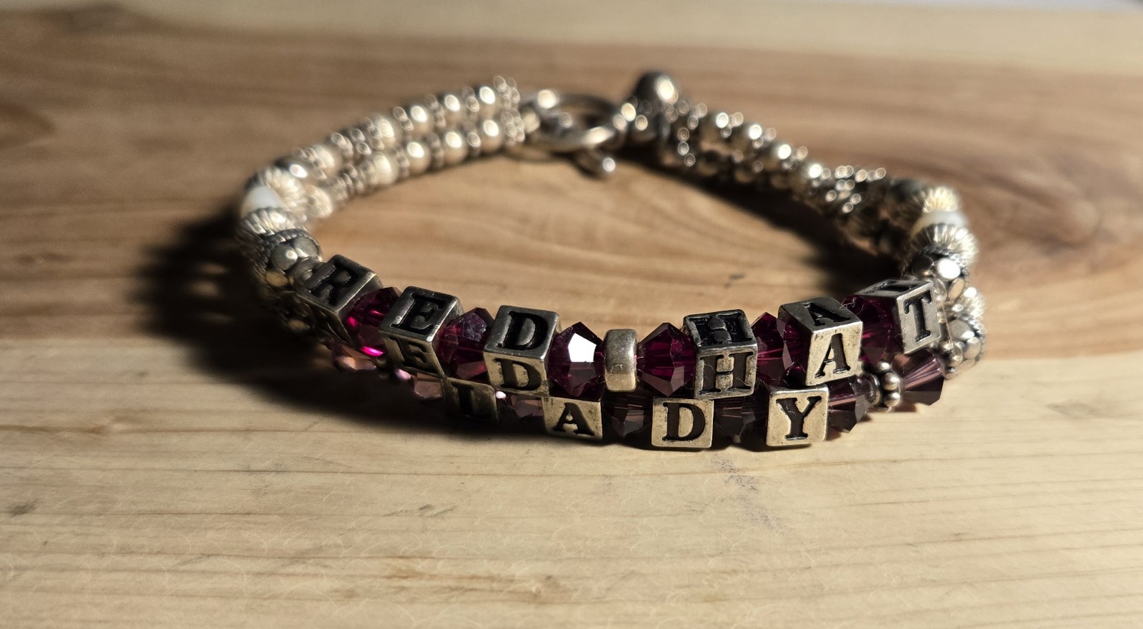 “Red Hat Lady” Personalized Sterling Silver Block & Beaded Bracelet Vintage