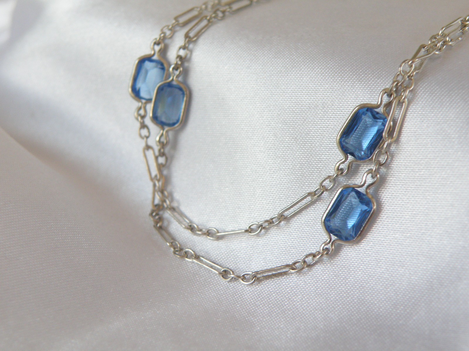 Antique Sterling Silver 925 Blue Gemstone Station Vintage Paperclip Necklace 25″