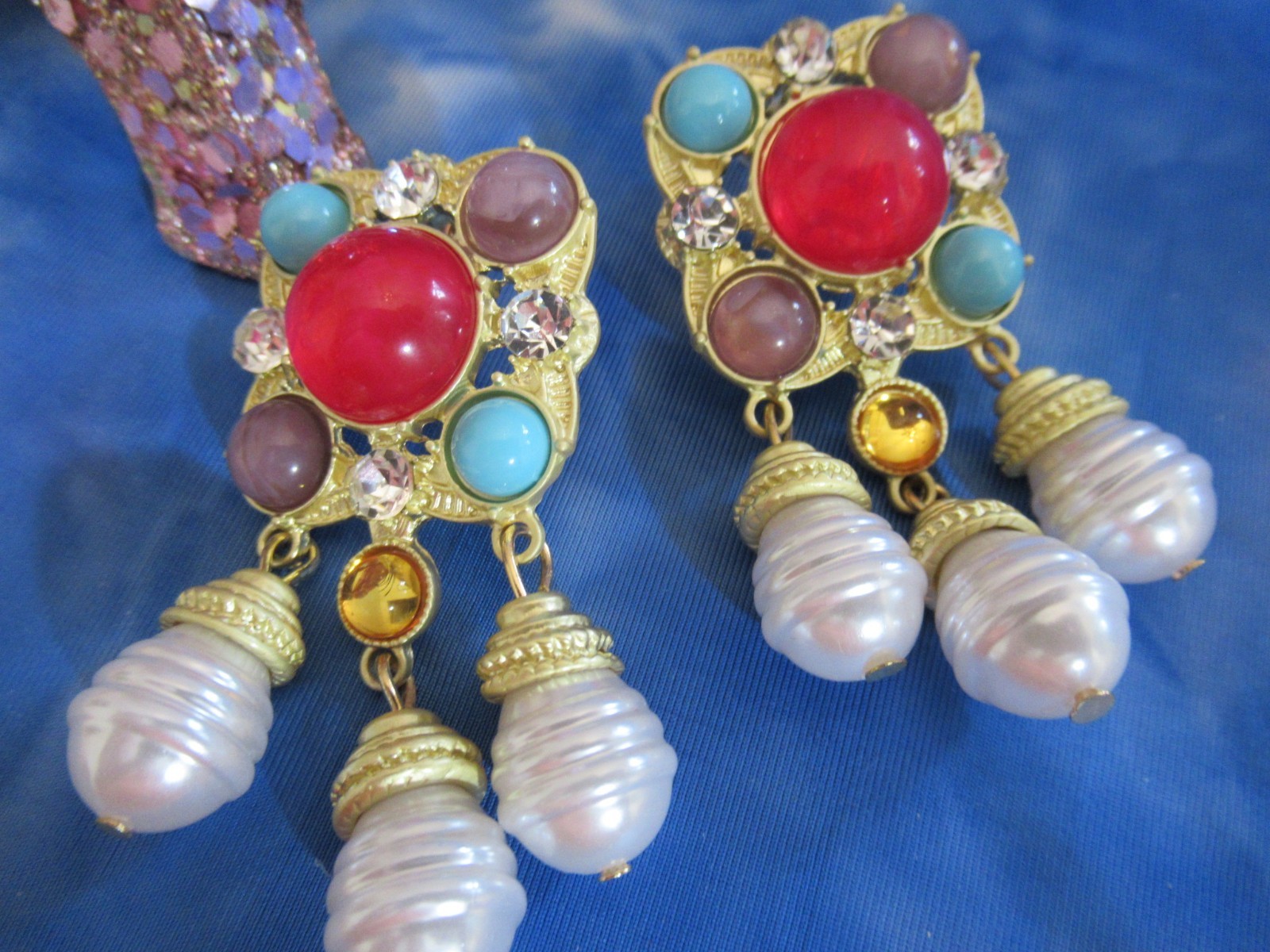 Ornate Style Cabochon Earrings Gold Tone Multi-color Faux Pearl Pierced