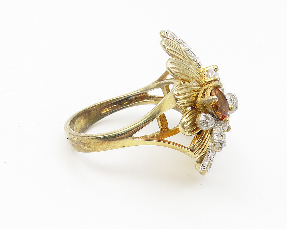 JACMEL 925 Silver Cubic Zirconia & Citrine Floral Cocktail Ring Sz 8 RG10785