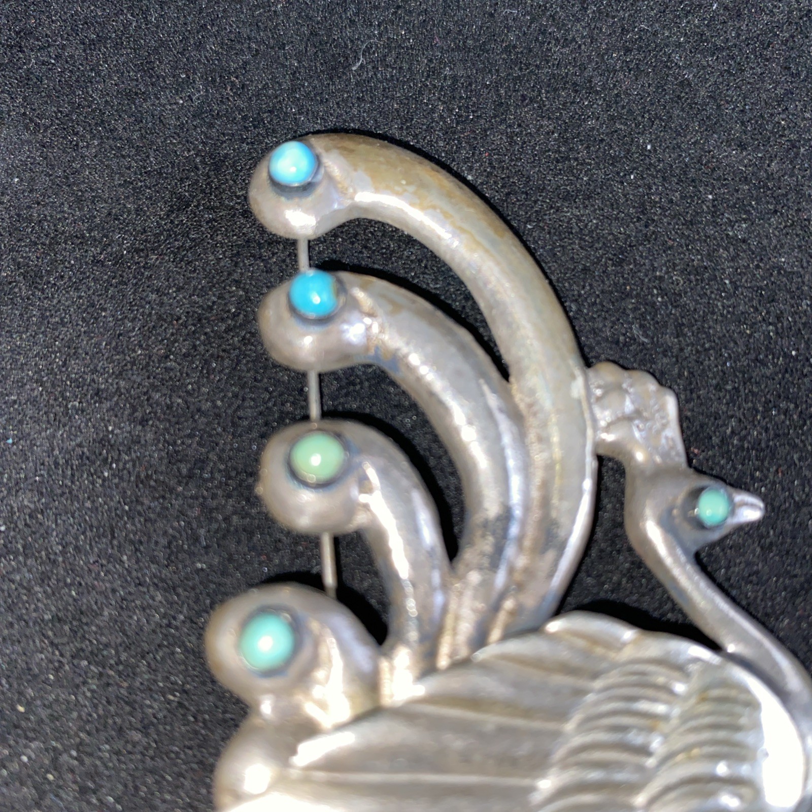 Vtg Peacock Pin Marked Silver Mexico With Turquoise Appox. 33gr Dimensional
